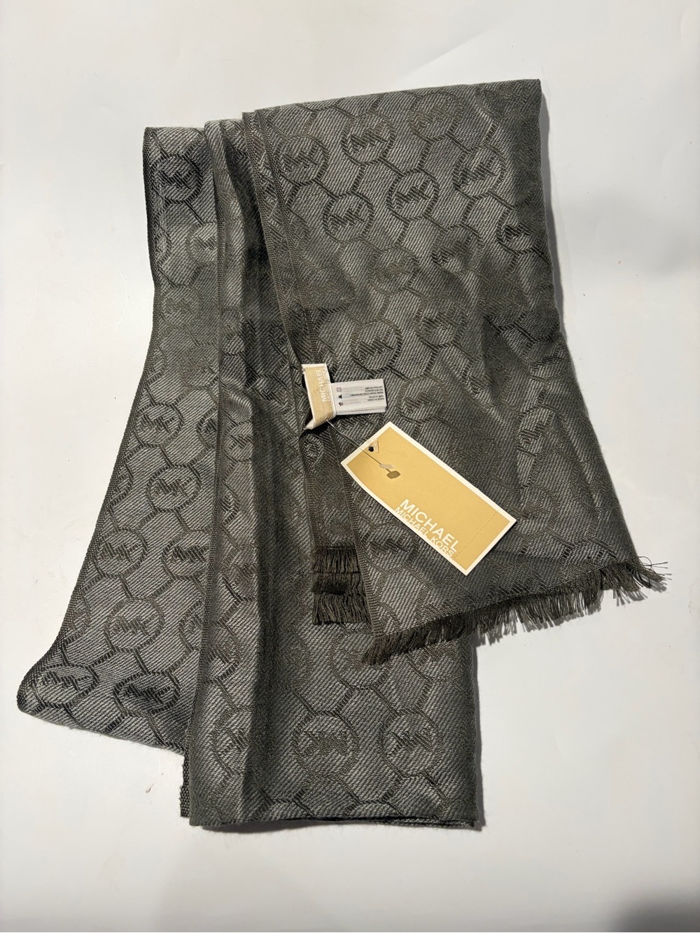Michael Kors Scarf MK Monogram Logo Gray Satin Sheen Fringe Fall Winter NWT